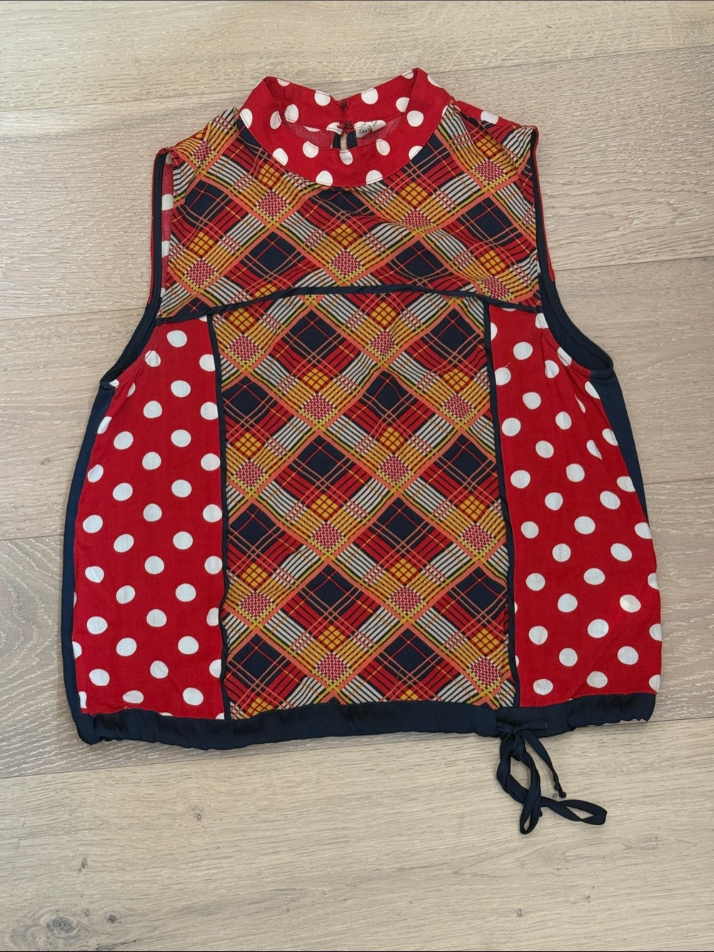 Anthropologie - Women’s Red Polka Dot & Plaid Sleeveless Top
